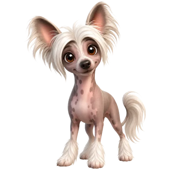 Illustrazione 3D cartoon di un Chinese Crested hairless con ciuffi bianchi in stile mascotte pet Wefido
